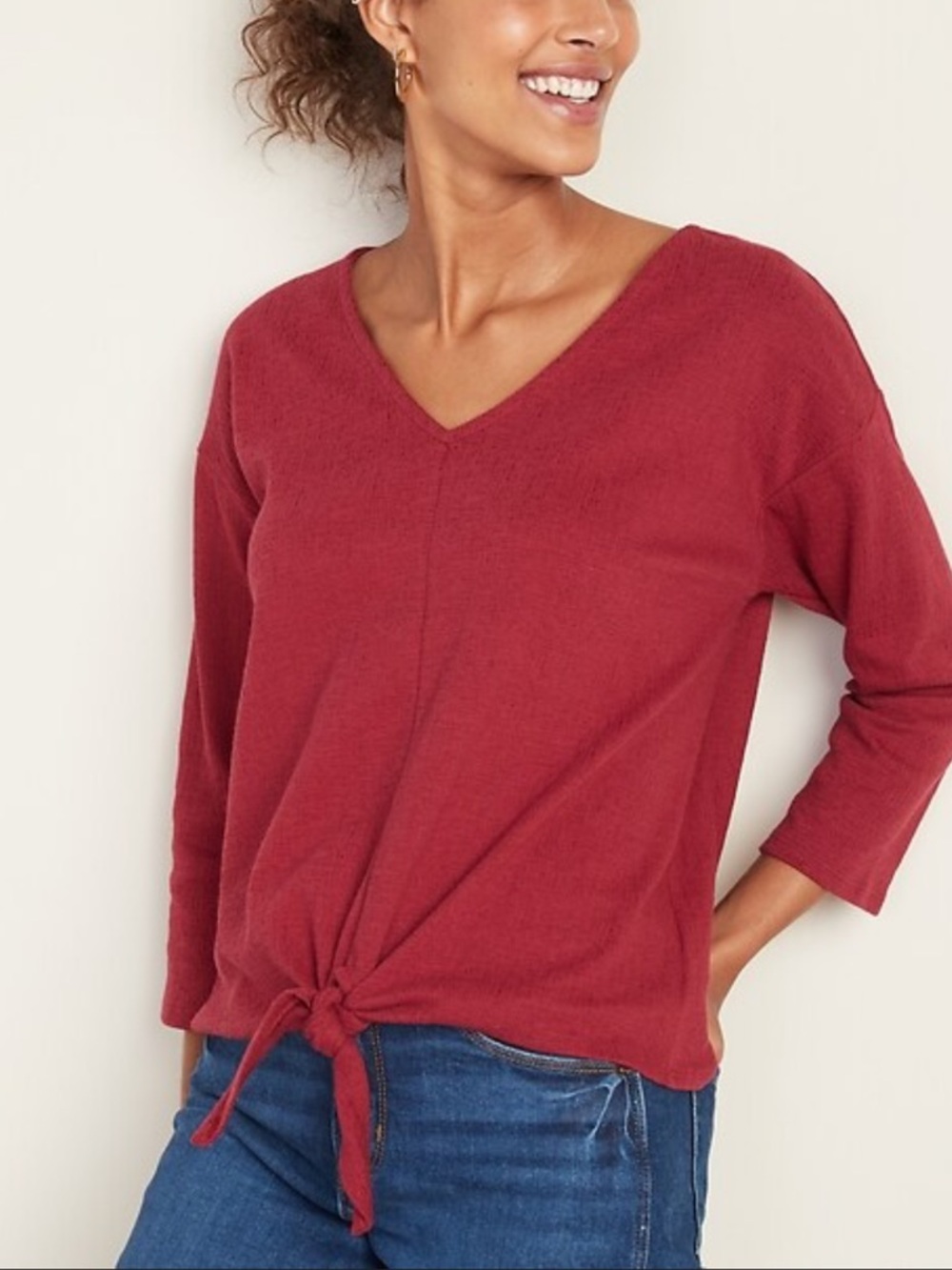 Old Navy Textured Knit Tie Front Top V Neck Large 3/4 Sleeve Red Casual Boho